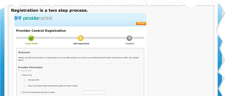 Provider Central Registration Screenshot
